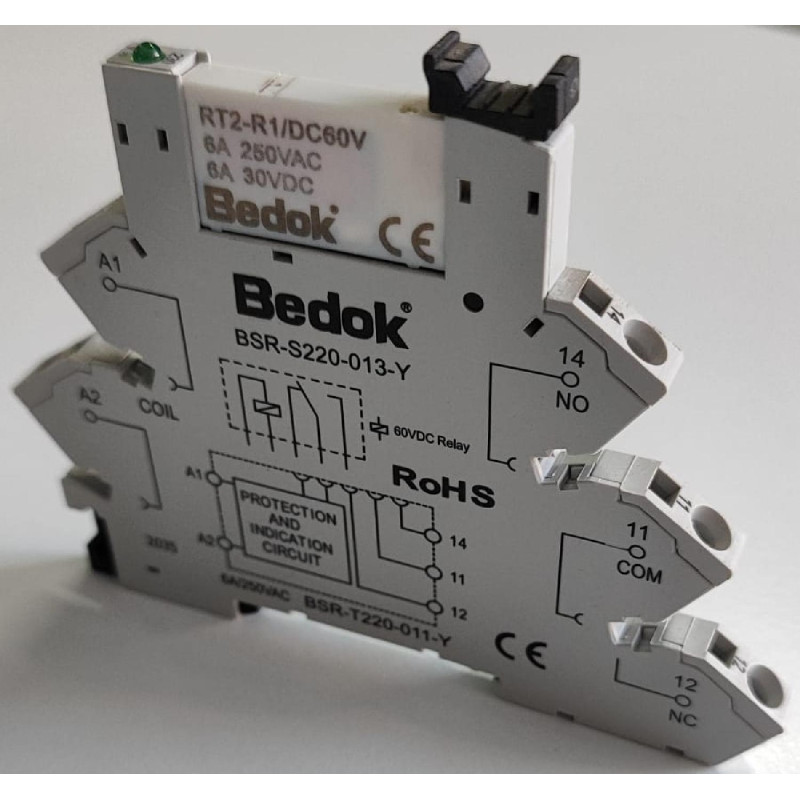Bedok BSR-S220-013-Y ,Bobin 220vac,Kontak 1A1K 6 Amper,Baskılı Slim Röle Takım