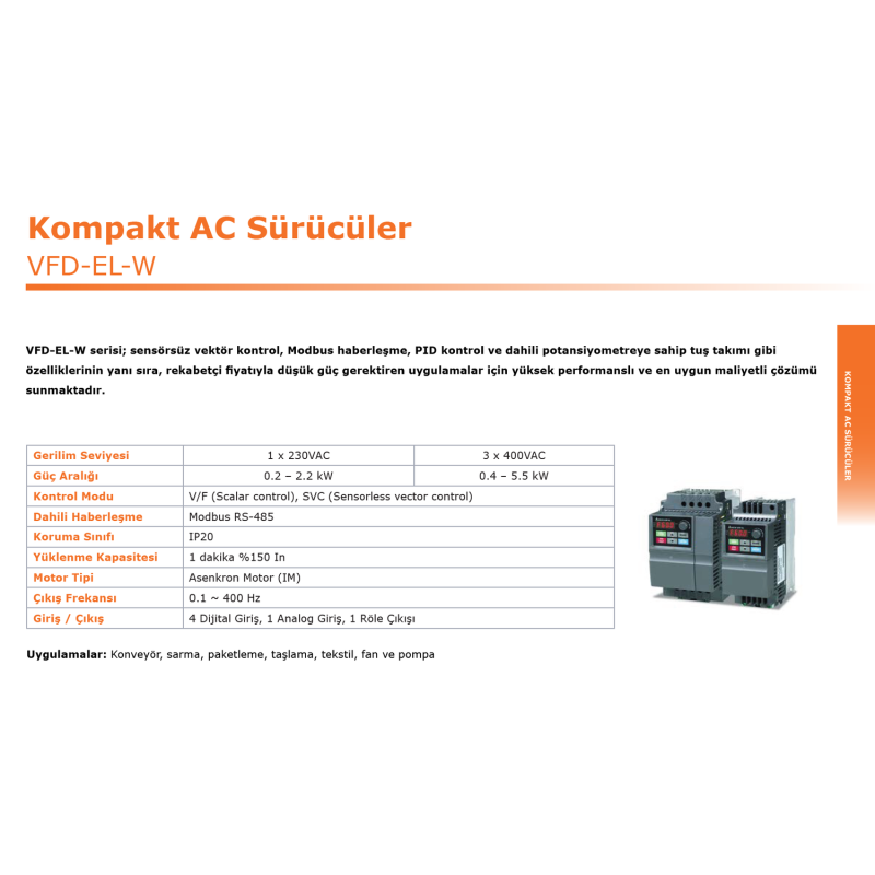 Delta VFD022EL43W-1 ,VFD-ELW,Güç 2.2kw 380vac,3-Faz TriFaz,Ac Motor Sürücü Inverter