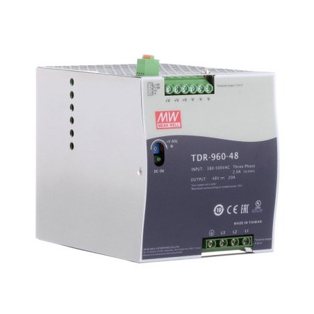 Meanwell TDR-960-48 ,Besleme 3-Faz 380..500vac,Çıkış 48vdc 20 Amper,Güç 960w,Ray Tip,Smps,Güç Kaynağı