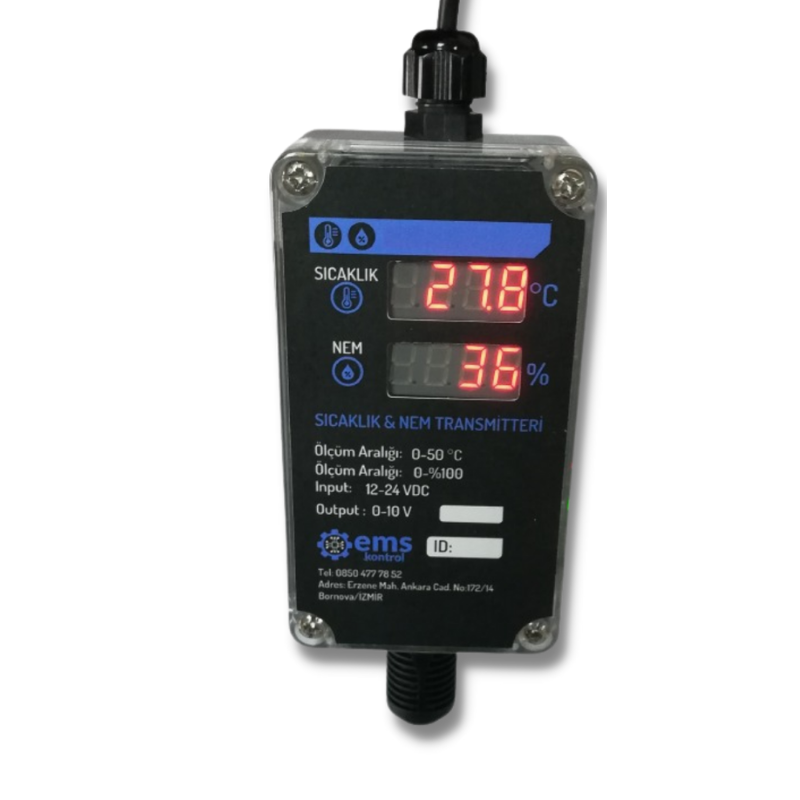 Ems ST-401 ,Besleme 24vdc,Ölçüm 50c 100,Çıkış 0..10v,Ekranlı,Isı-Nem Sensör Transmitter