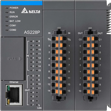 Delta AS228P-A ,Besleme 24vdc,Giriş 16-Dijital,Çıkış 12-PNP,Ethernet,CanOpen,Hafıza 64K,Plc Cpu Modül