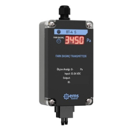Ems BT-405-2.5 ,Besleme 24vdc,Ölçüm 0..2.5kPA,Çıkış 0..10v,Ekranlı,Fark Basınç Sensör Transmitter