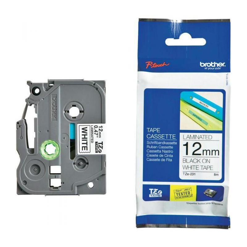 Brother AZe-231,Genişlik 12mm,Boy 8mt,PT Model,Beyaz,Etiket