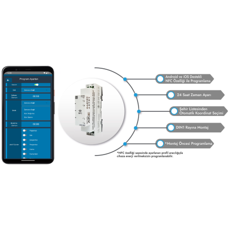 GrupArge AST01-NFC ,Ray Dın,Besleme 12v..220vac dc Pil,32 Program,Kontak-1A1K,Astronomik Zaman Saati