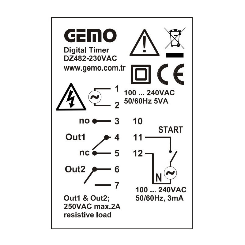 Gemo DZ482-230VAC ,Ebat 48x48mm,Besleme 110v..220vac,Kontak-2A1K,Start Girişli,Zaman Röle