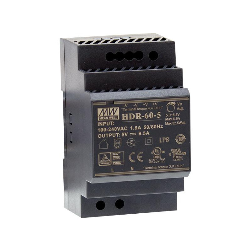 Meanwell HDR-60-5 ,Besleme 110v..220vac,Çıkış 5vdc 6.5 Amper,Güç 33w,Ray Tip,Smps,Güç Kaynağı
