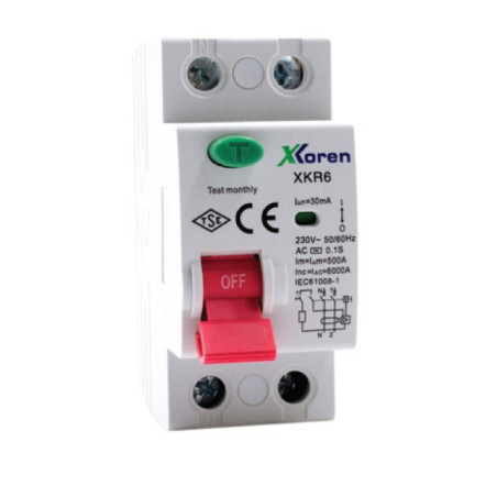 Xkoren XKR06-2AC30-100 ,AC,1-Faz nötr 2-Kutup,100 Amper 30mA 6kA Kaçak Akım Röle