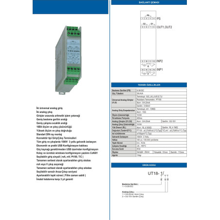 Tekon UT18 ,Besleme 24vdc,2-Giriş,2-Çıkış,Universal Sinyal Konverter