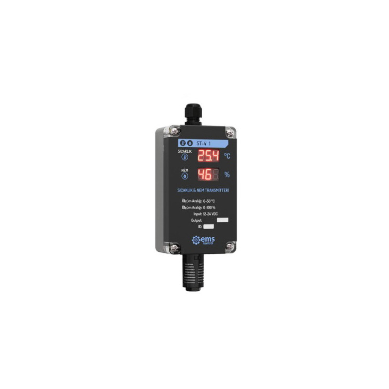Ems ST-461 ,Besleme 24vdc,Ölçüm 50c 100,Çıkış RS485,Ekranlı,Isı-Nem Sensör Transmitter