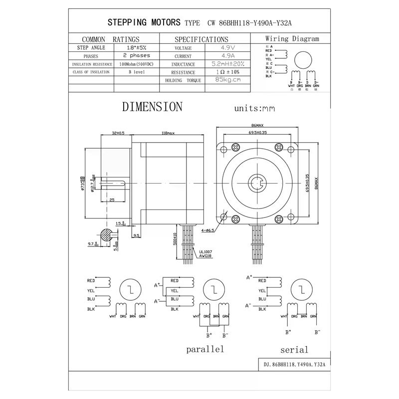 Changzhou 86BHH118-Y490A-Y32A ,Ebat 86x86mm,Mil 14mm,Güç 8.5nM 5-Amper,8-Kablo,Step Motor