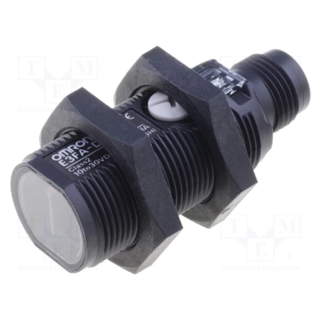 Omron E3FA-DP22 ,Ebat M18x45mm,Ölçüm 1..30cm,Çıkış PNP-NO NC,Besleme 10v..30vdc,Soket M12 4pin,Cisim Fotosel