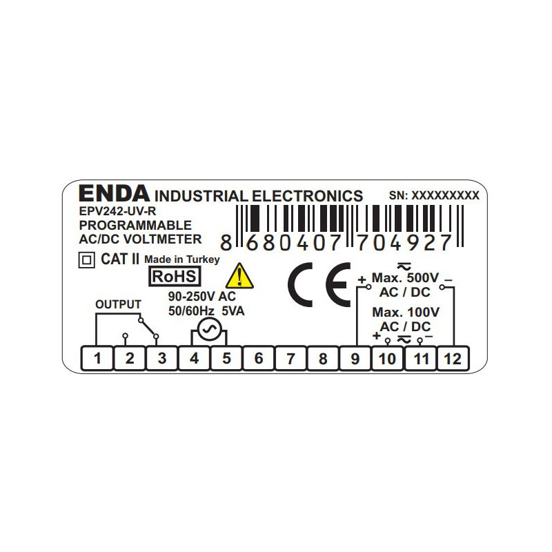 Enda EPV242-R-230VAC ,Ebat 77x35mm,Besleme 220vac,Çıkış Röle,Voltmetre