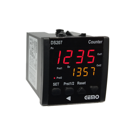 Gemo DS207-24V ,Ebat 72x72mm,Besleme 24vac dc,Çıkış Kontak 2A2K,4-Hane Sayıcı