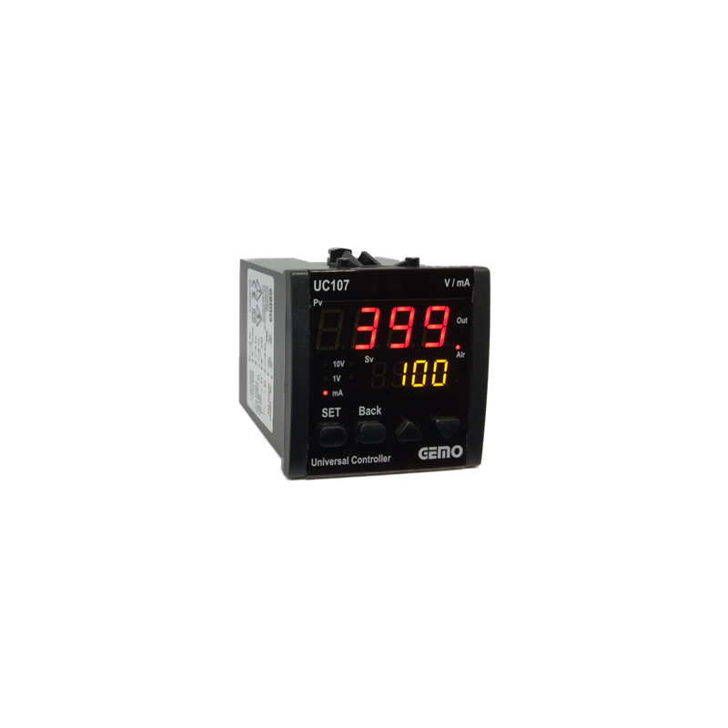 Gemo UC107-24V-R ,Ebat 72x72mm,Besleme 24vac dc,Giriş 0..10v 4..20mA,Çıkış Kontak-2A2K,Proses Kontrol