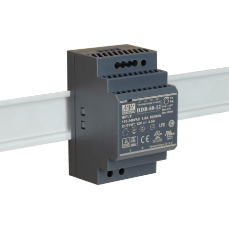 Meanwell HDR-60-12 ,Besleme 110v..220vac,Çıkış 12vdc 4.5 Amper,Güç 60w,Ray Tip,Smps,Güç Kaynağı