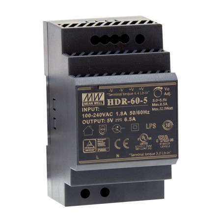 Meanwell HDR-60-5 ,Besleme 110v..220vac,Çıkış 5vdc 6.5 Amper,Güç 33w,Ray Tip,Smps,Güç Kaynağı