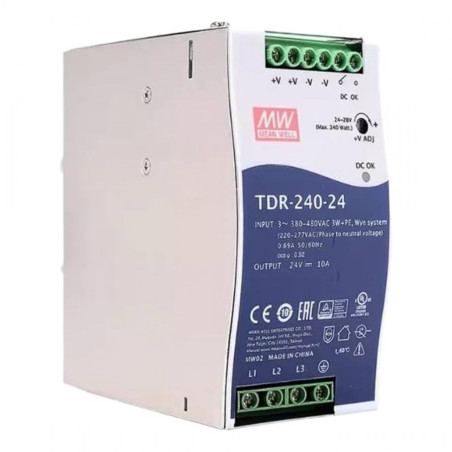 Meanwell TDR-240-24 ,Besleme 3-Faz 380..500vac,Çıkış 24vdc 10 Amper,Güç 240w,Ray TipSmps,Güç Kaynağı