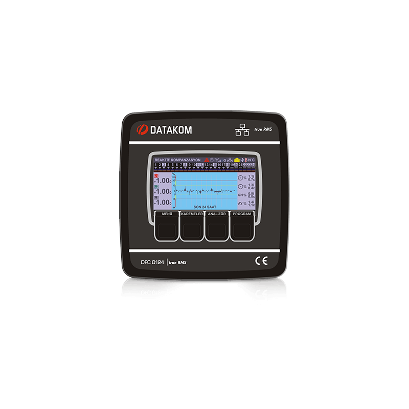 Datakom DFC-0124-TFT-24R-C-M ,Ebat 144x144mm,Besleme 220vac,3-Faz 24-KademeSvc Reaktif Kontrol
