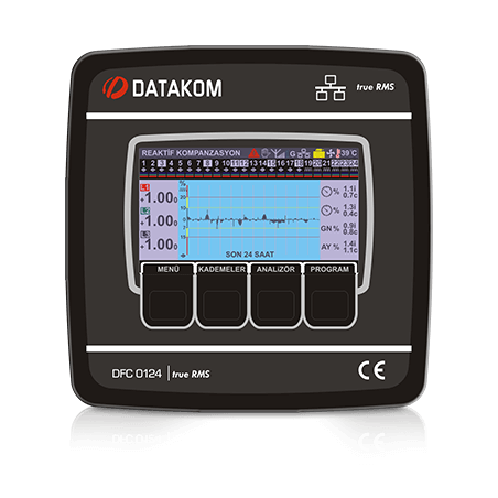 Datakom DFC-0124-TFT-24R-C-M ,Ebat 144x144mm,Besleme 220vac,3-Faz 24-KademeSvc Reaktif Kontrol
