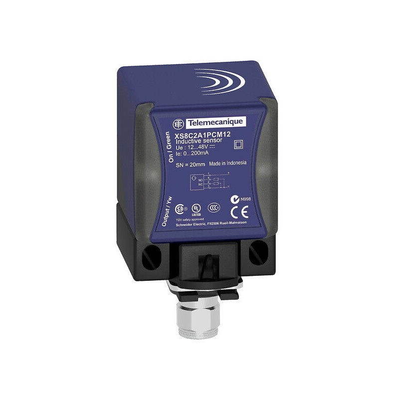 Telemecanique XS8C2A4PCM12 ,Ebat 40x40x70mm,Ölçüm 40mm,Çıkış PNP-NO NC,Besleme 10v..30vdc,Endüktif Metal Sensör