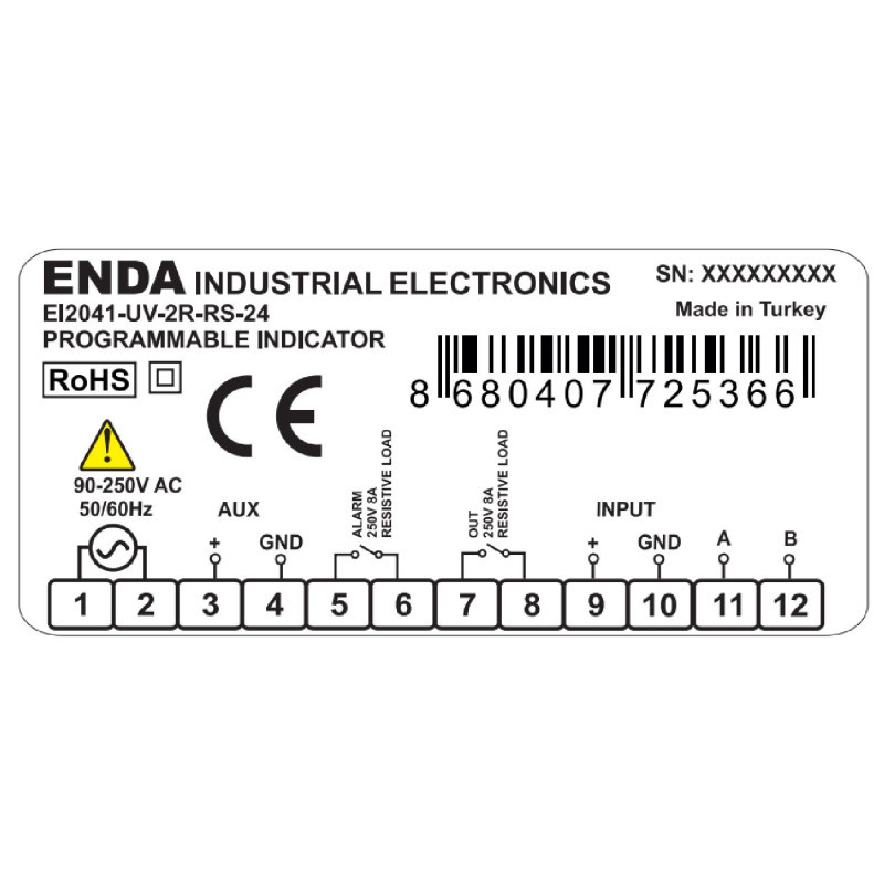 Enda EI2041-LV-RS ,Ebat 77x35mm,Besleme 12v..24vac dc,Giriş 0..10v 4..20mA,RS485,Dijital Gösterge