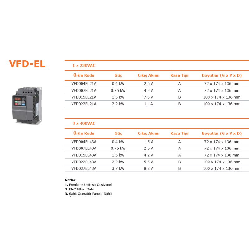 Delta VFD007EL21A ,VFD-EL,Güç 0.75kw 220vac,1 Faz MonoFaz,Ac Motor Sürücü Inverter
