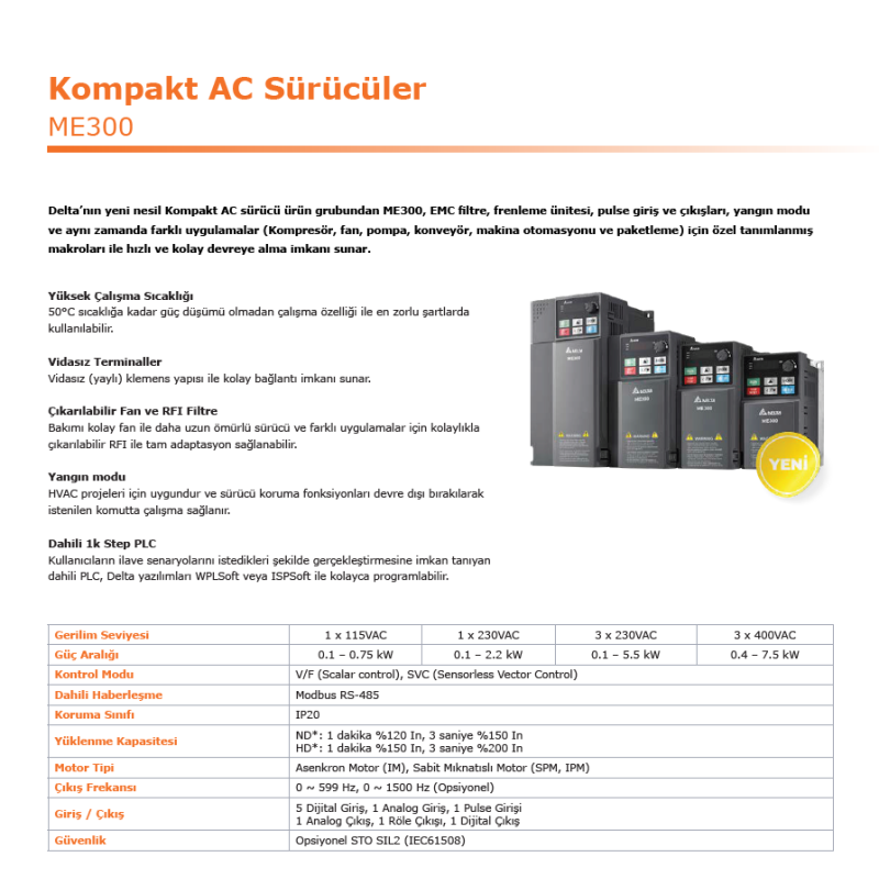 Delta VFD5A5ME43AFNAA ,ME300,Güç 2.2kw 380vac,3-Faz TriFaz,Ac Motor Sürücü Inverter