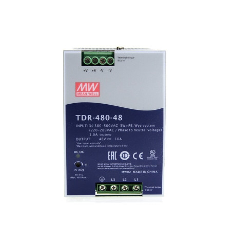 Meanwell,TDR-480-48 ,Besleme 3-Faz 380..500vac,Çıkış 48vdc 10 Amper,Güç 480w,Ray Tip,Smps,Güç Kaynağı