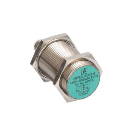 PepperlFuchs NBB15-30GM50-E2-V1 ,Ebat M30x52mm,Ölçüm 15mm,Çıkış PNP-NO,Besleme 10v..30vdc,Soket M12 4pin,Endüktif Metal Sensör