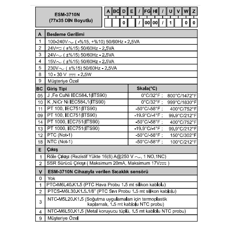 Emko ESM-3710-N.51101 0000 2000 ,Ebat 77x35mm,Besleme 220va,Çıkış Kontak-1A1K,Sensör PT100,Isı Kontrol Termostat