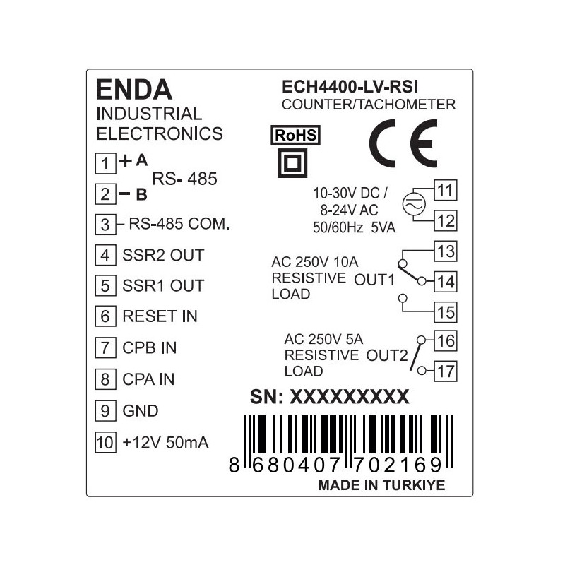 Enda ECH4400-LV ,Ebat 48x48mm,Besleme 12..24vac dc,Çıkış Kontak-2A2K,6-Hane,Sayıcı Takometre