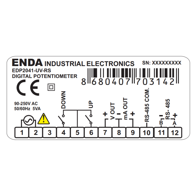 Enda EDP2041-UV-RS ,Ebat 77x35mm,Besleme 220vac,Çıkış 0..10v 4..20mA RS485,Dijital Potansiyometre