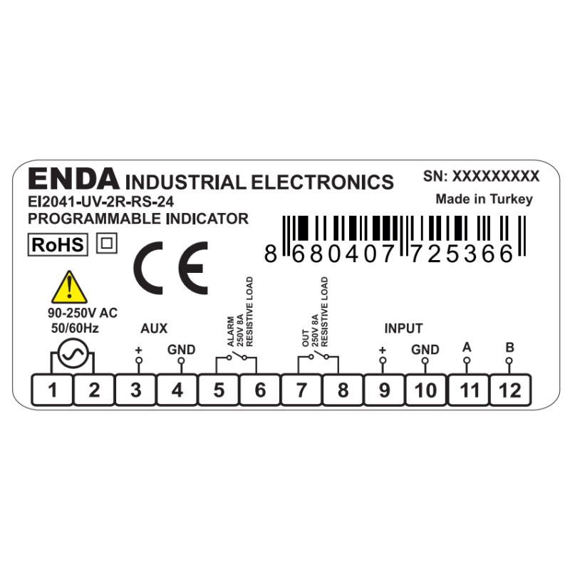Enda EI2041-UV-RS-24 ,Ebat 77x35mm,Besleme 110v..220vac,Giriş 0..10v 4..20mA,RS485,Sensör Besleme 24vdc,Dijital Gösterge