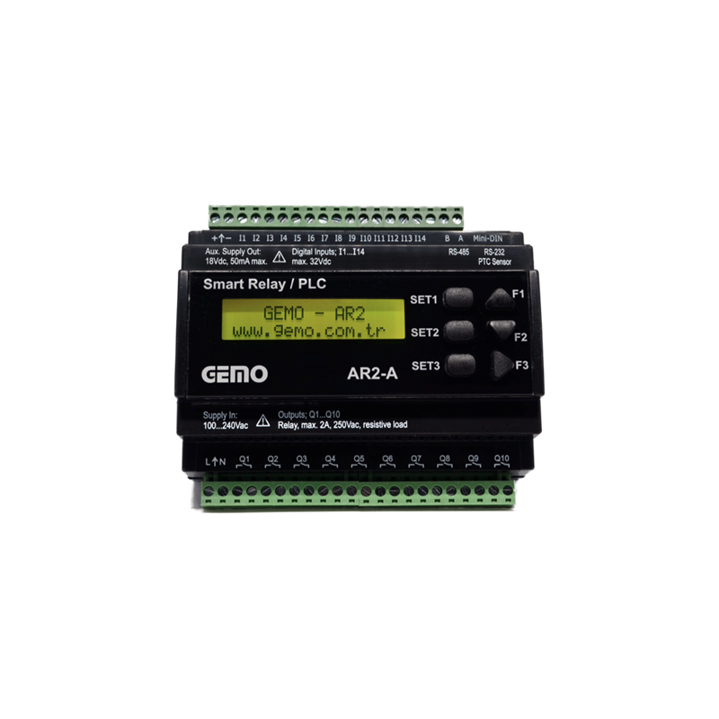 Gemo AR2-A-230VAC-12D2A ,Besleme 110v..220vac,Giriş 12-Dijital 2-Analog,Çıkış 10-Kontak,Plc Cpu Modül