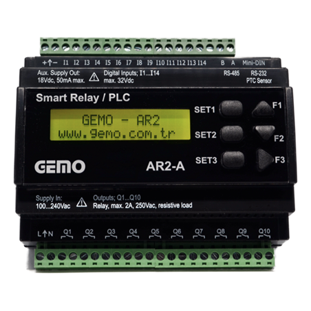 Gemo AR2-A-230VAC-12D2A ,Besleme 110v..220vac,Giriş 12-Dijital 2-Analog,Çıkış 10-Kontak,Plc Cpu Modül