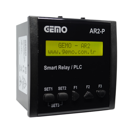 Gemo AR2-P-24VDC-10D2A-RTC ,Ebat 96x96mm,Besleme 24vdc,Giriş 10-Dijital 2-Analog,Çıkış 7-Kontak,RTC,Plc Cpu Modül
