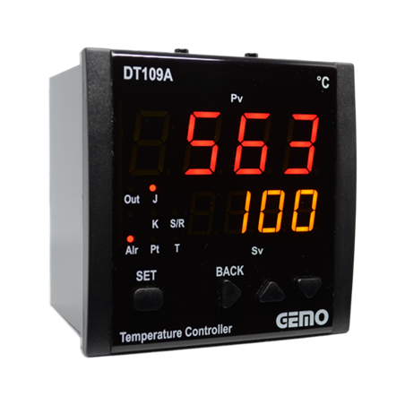Gemo DT109AX-24V-R ,Ebat 96x96mm,Besleme 24vac dc,Sensör PT100 TC,Çıkış Kontak 2A2K,Isı Kontrol Termostat