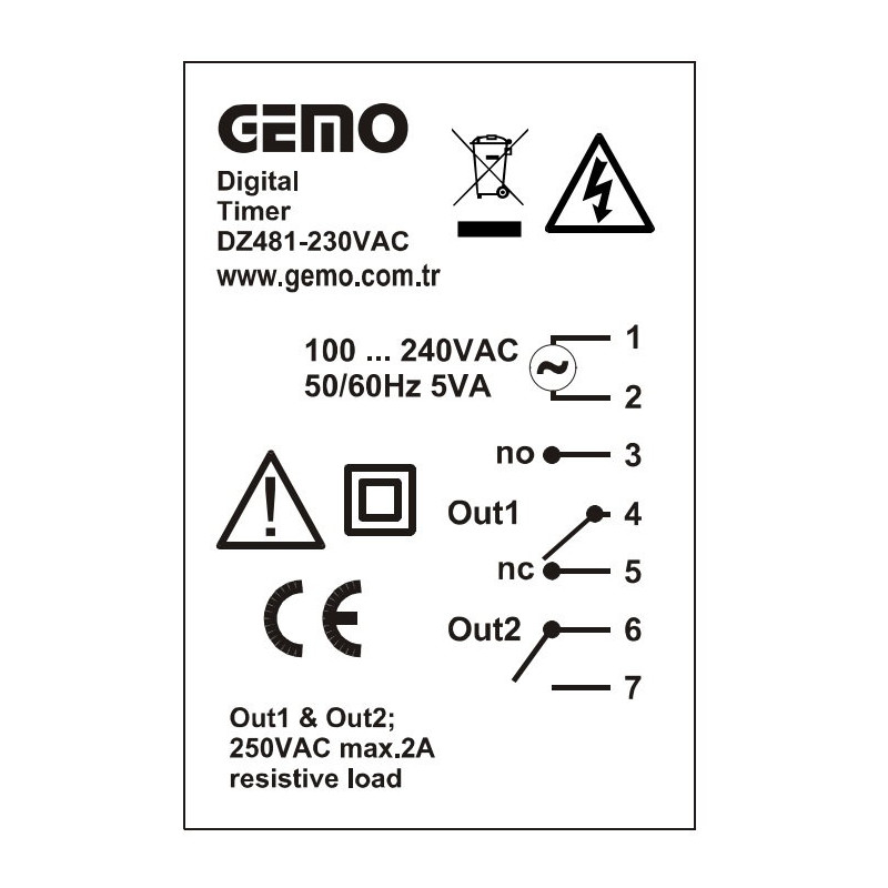 Gemo DZ481-230VAC ,Ebat 48x48mm,Besleme 110v..220vac,Kontak-2A1K,Zaman Röle