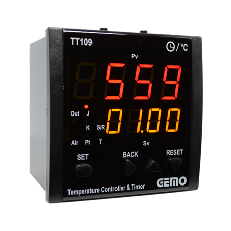 Gemo TT109A-230VAC-R ,Ebat 96x96mm,Besleme 110v..220vac,Çıkış Kontak-2A2K,Zamanlı Isı Kontrol