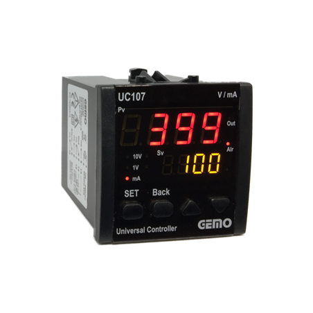 Gemo UC107-24V-R ,Ebat 72x72mm,Besleme 24vac dc,Giriş 0..10v 4..20mA,Çıkış Kontak-2A2K,Proses Kontrol