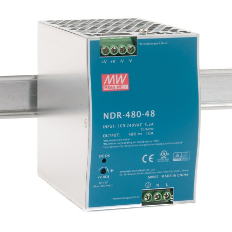Meanwell NDR-480-48 ,Besleme 110v..220vac,Çıkış 48vdc 10 Amper,Güç 480w,Ray Tip,Smps,Güç Kaynağı