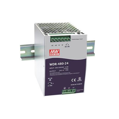 Meanwell WDR-480-24 ,Besleme 200..500vac,Çıkış 24vdc 20 Amper,Güç 480w,Ray Tip,Smps,Güç Kaynağı