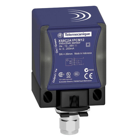 Telemecanique XS8C2A4PCM12 ,Ebat 40x40x70mm,Ölçüm 40mm,Çıkış PNP-NO NC,Besleme 10v..30vdc,Endüktif Metal Sensör
