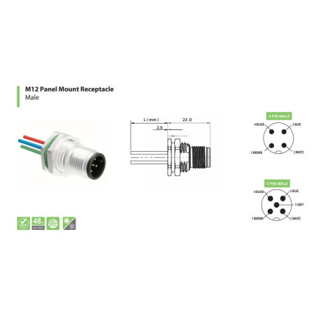 Ercontec ERF12P-MS5C-0,20PVC ,Düz M12-5pin Erkek,Pvc-20cm,Panel Tip,Soket Konnektör