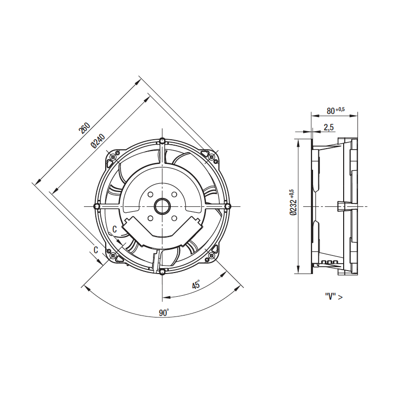 EbmPapst W2E208-BA20-01 ,Ebat 260x80mm,Rulmanlı,Besleme 220vac 0.30A 67W,Hava 550-Cfm,2-Kablo Fan