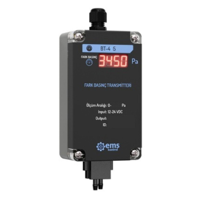 Ems BT-404 ,Besleme 24vdc,Ölçüm 0..1kPA,Çıkış 0..10v,Ekranlı,Fark Basınç Sensör Transmitter