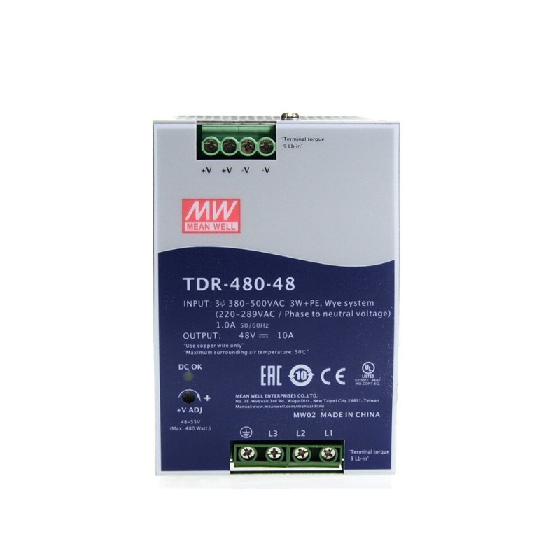 Meanwell,TDR-480-48 ,Besleme 3-Faz 380..500vac,Çıkış 48vdc 10 Amper,Güç 480w,Ray Tip,Smps,Güç Kaynağı