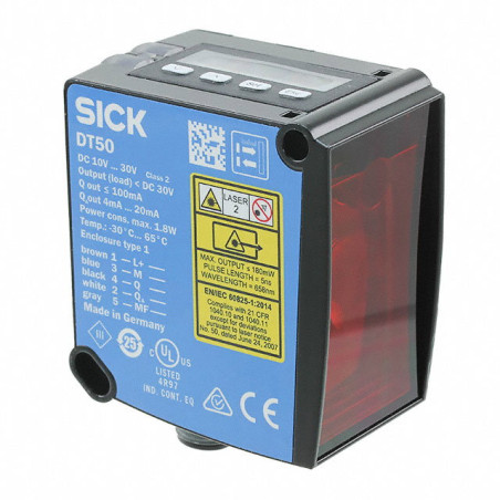 Sick DT50-P1113 1044369 ,Ebat 63x58x36mm,Ölçüm 20cm..10mt,Çıkış PNP-NO 4..20mA,Besleme 10v..30vdc,Soket M12 5pin,Cisim Fotosel