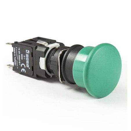 Emas D100YM30Y ,Montaj 16mm,Kontak-1A,Yeşil Mantar Yaylı,M16 Buton