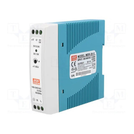Meanwell MDR-20-5 ,Besleme 110v..220vac,Çıkış 5vdc 3 Amper,Güç,20w,Ray Tip,Smps,Güç Kaynağı